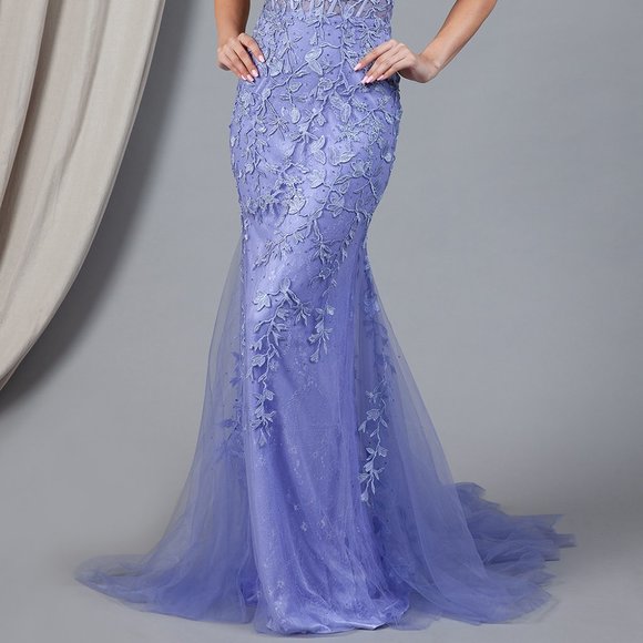 NEW LONG OFF THE SHOULDER SLEEVELESS EMBROIDERED GOWN WITH LACED UP BACK AC 7024 - Picture 4 of 6
